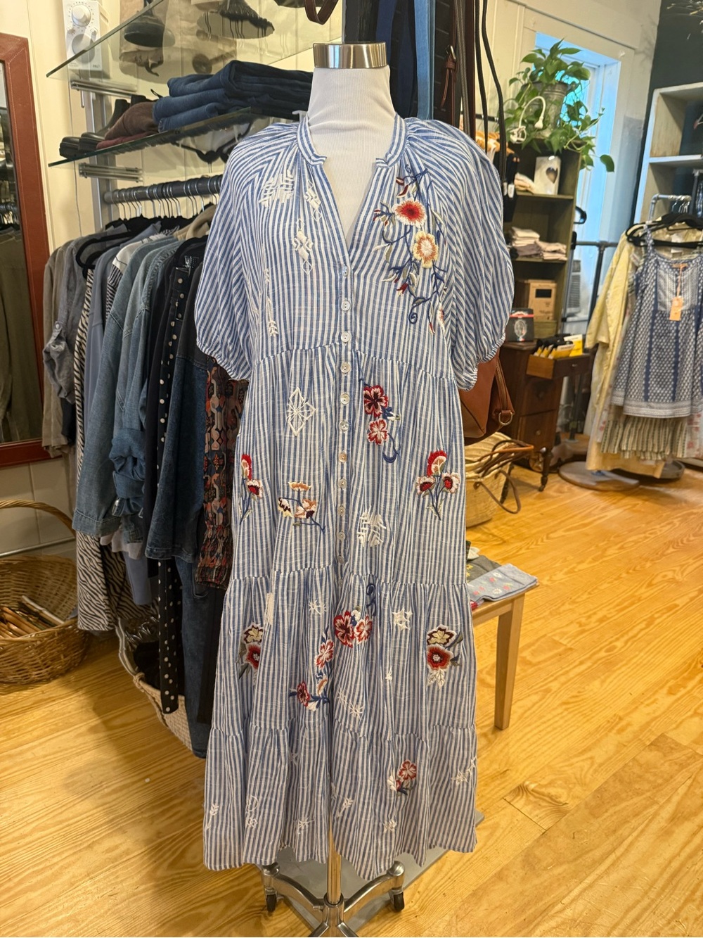 Kyla Seo Blue Striped Embroidered Maxi Dress - Puff Sleeve